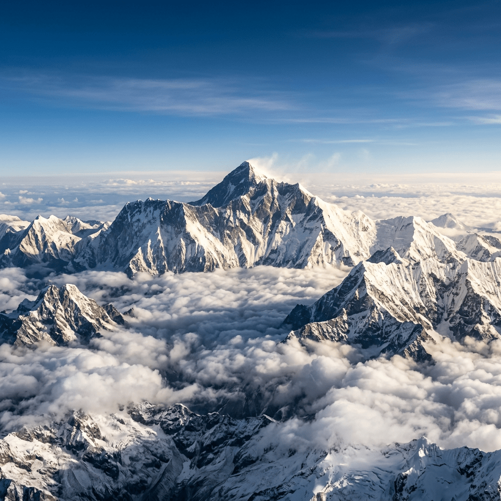 Snow-covered jagged mountain peaks emerging from thick clouds under blue sky